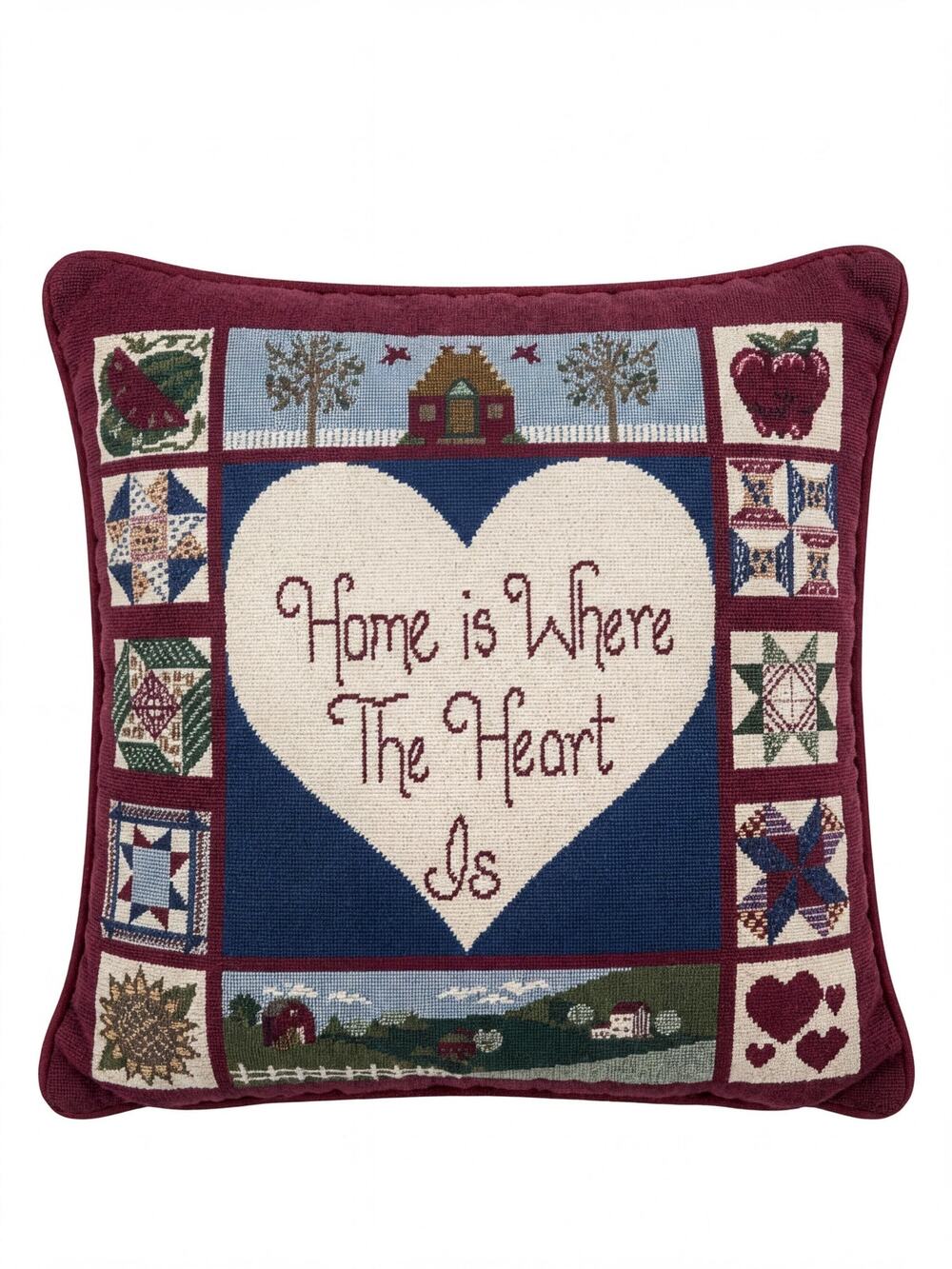 Tapestry Throw Pillow: Rustic Quilt Block and Heart Motif (Maroon)